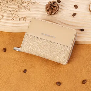 Korean style bifold short women wallet, denim spliced PU leather, zipper design, detail view.
