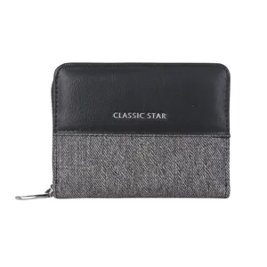Detailed view of the short bifold wallet featuring black leather and grey denim patchwork design.