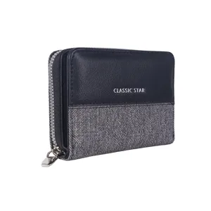 Korean style two-fold short women wallet, denim patchwork PU leather zip coin purse chic.