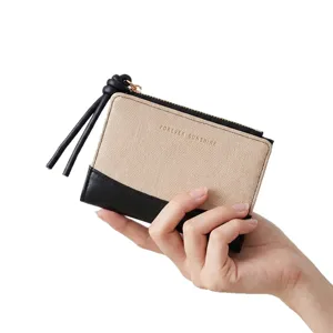 Stylish women short bi-fold wallet canvas contrast leather coin purse with wrist strap.