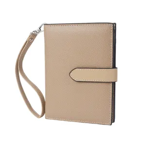 Women passport wallet holder clutch organizer with wrist strap travel document case beige
