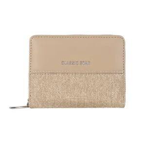 Korean style bifold short women wallet denim patch fashion coin purse with zipper closure.