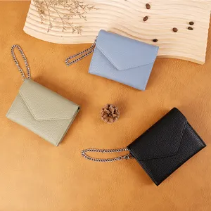 Women's Litchi Pattern PU Leather Short Wallet With Metal Chain Japanese Minimalist Multi-functional Coin Purse Card Holder Clutch
