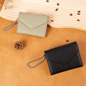 Women's minimalist litchi pattern short wallet with chain, solid color purse