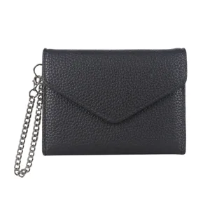 Minimalist solid color chain short wallet for women, elegant litchi grain coin purse.