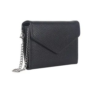 Minimalist black litchi pattern short wallet with silver chain strap, elegant envelope design.