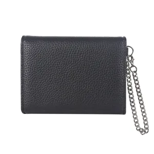 Black leather short wallet with metal chain, minimalist coin purse for daily use.