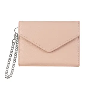 Close-up detail of the pink litchi pattern wallet with a silver chain strap, compact size.