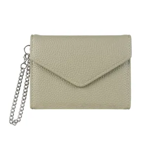 Minimalist solid color litchi pattern short wallet for women with stylish metal chain strap.