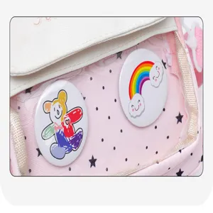 Close-up detail of children pink crossbody canvas bag with clear window and cute badges.