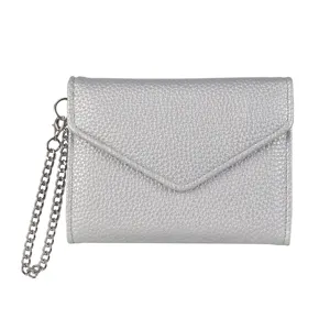 Silver leather envelope wallet with metal chain strap minimalist coin purse for women.