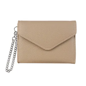 Minimalist women's short wallet with chain strap, litchi grain leather, elegant daily purse.