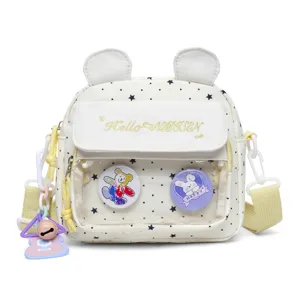 Cute canvas crossbody bag for girls with bear ears and clear front pocket, lightweight travel.