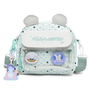 Cute mint green kids crossbody bag with bear ears, star pattern, and clear front pocket.