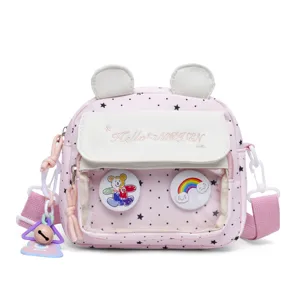 Pink cute star print kids shoulder bag with bear ears and clear transparent pocket