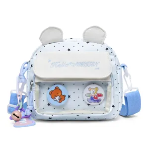 Cute children crossbody bag with bear ears, clear front pocket and star pattern details.