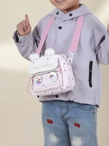 Girls Cartoon Bear Ear Crossbody Bag Star Pattern Nylon Messenger Bag With Transparent Front Pocket Lightweight Travel Small Handbag