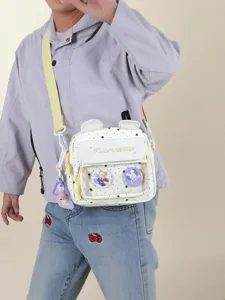 Kids cute crossbody shoulder bag with bear ears, star print, and clear front pocket for girls.