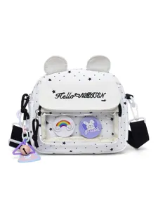Cute star print girls crossbody bag with cute bear ears and stylish clear front pocket.