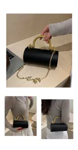 Borsa da sera cilindrica nera con manico e catena dorati per la moda estiva delle donne