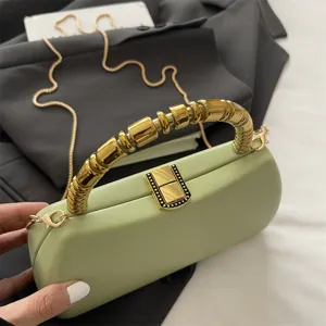Green PU hard shell evening clutch bag featuring elegant gold bamboo handle detail
