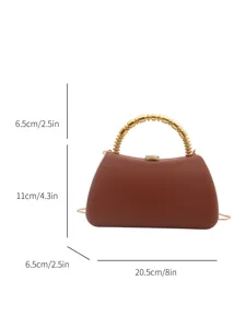 PU hard shell clutch evening bag with gold beaded handle, elegant women's handbag details.