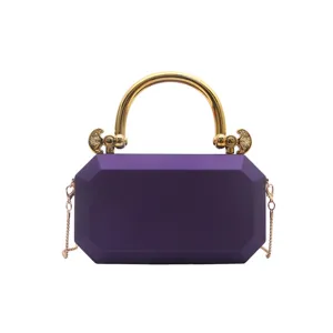 Purple acrylic box clutch detail, featuring a shiny gold metal round handle and fine chain strap.