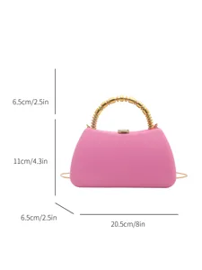 Pink PU hard shell evening clutch bag with golden beaded handle and compact size design.