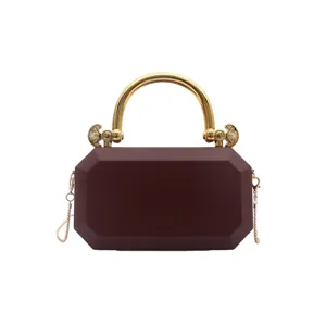 Acrylic box clutch bag with gold handle and chain strap, elegant evening shoulder bag for women.