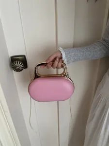 Candy pink acrylic hardcase handbag with gold handle and chain for women main view show.