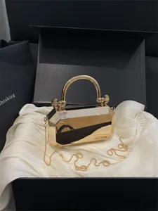 Gold acrylic box clutch bag with top handle and metal chain for women evening party