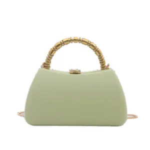 Elegant mint green hard shell clutch bag with gold metal handle for evening party wear.