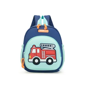 Detailed view of kids cartoon fire truck backpack, lightweight preschool school bag with cute 3D design.