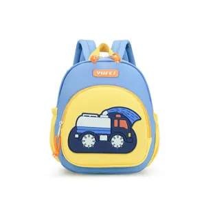 Lightweight kids kindergarten school backpack with cute 3D cartoon fire truck design blue yellow