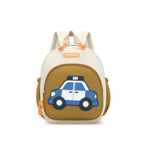 Detail view of the cute toddler backpack featuring a fun 3D cartoon police car design.