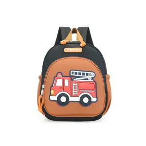 Kids fire truck backpack detail showing 3D vehicle design and durable black brown fabric.