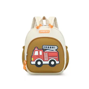 Close-up detail of the kids beige and brown toddler backpack with fire truck cartoon patch.
