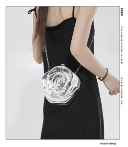 Silver metallic rose shaped evening bag with chain strap for women fashionable crossbody.