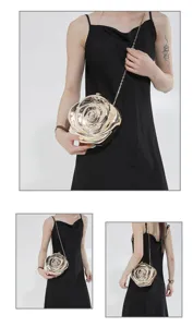 Gold metallic rose shape acrylic evening clutch bag with chain crossbody strap for women.