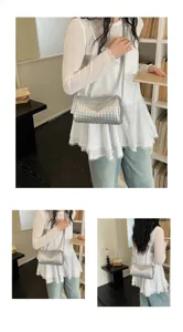 Detail view of the silver woven cylinder shoulder bag worn by model in a library setting.