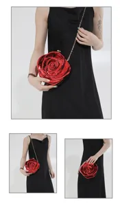 Acrylic rose clutch bag detail, stylish red flower crossbody bag with chain strap for evening events.