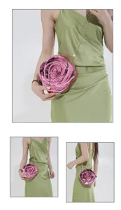 Glossy pink acrylic rose flower shaped women evening bag with metal chain crossbody strap.