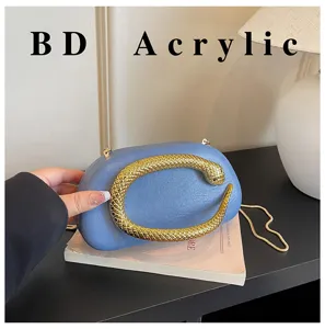 Μπλε οβάλ τσάντα clutch με χρυσή λαβή φιδιού κομψή γυναικεία τσάντα ώμου