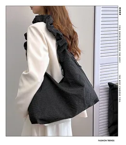 Borsa a tracolla con motivo a quadri pieghettata casual da donna, borsa a sacco grande.
