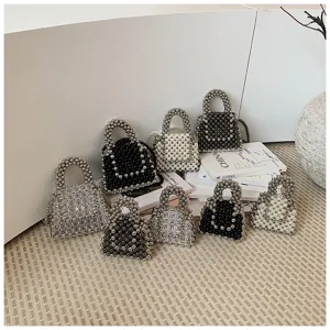 Handmade beaded mini handbag, elegant pearl shoulder bag for women, stylish cosmetic bag.