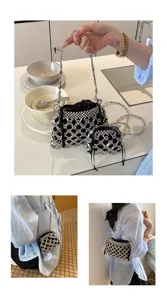 Handgemaakte kraal ketting schoudertas, chique zwarte trekkoord tas voor vrouwen.