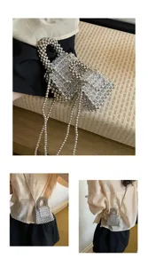 Handmade beaded mini crossbody bag, chic clear crystal pearl chain handbag for summer.