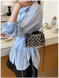 Handgemaakte kralen ketting schoudertas, stijlvolle drawstring crossbody tas voor dames.