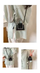 Detailed view of the black and white beaded mini crossbody bag, showcasing textured details.