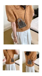 Handmade metallic beaded mini crossbody bag, chic top-handle cute purse for women.